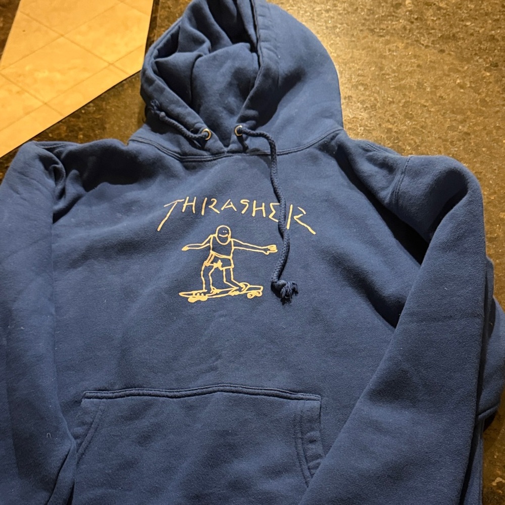 Thrasher Navy Hoodie with Skater Graphic